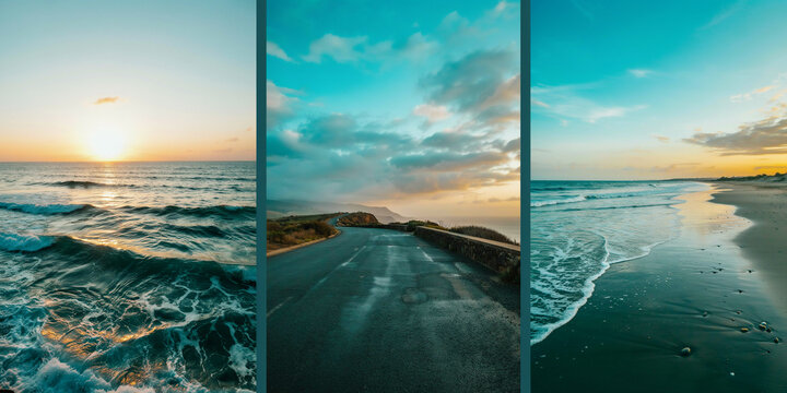 Coastal landscape triptych with ocean waves, a winding seaside road, and a sandy beach shore