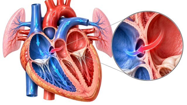 Atrial Septal Defect Causing Left-to-Right Cardiac Shunt, Medical Heart Illustration