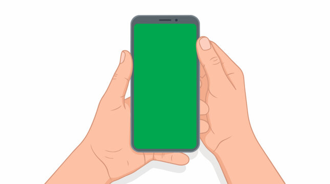 FLAT Duas maos segurando um smartphone moderno com tela verde para chroma key em fundo branco Vector
