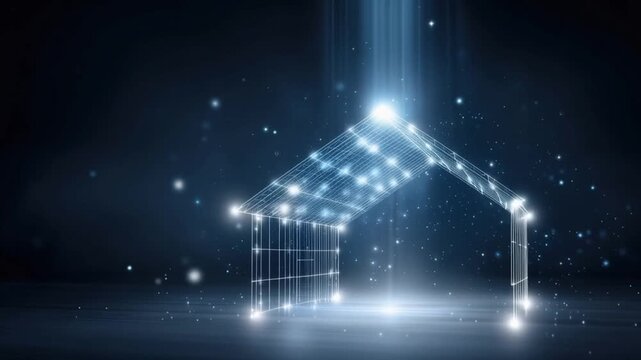 A futuristic digital structure, resembling a house, glows with illuminated lines and data points against a dark. ..Created with Generative AI, not depicting real subjects.