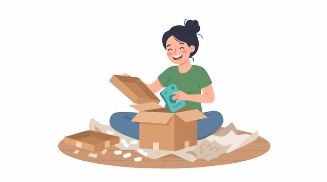 FLAT Mulher feliz desempacotando uma caixa com um novo gadget azul e embalagem espalhada ao redor Vector