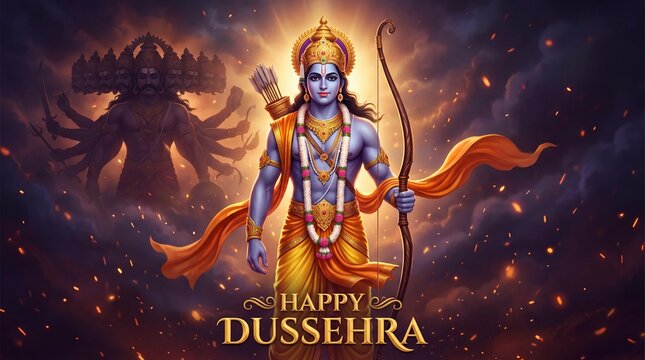 Happy Dussehra festival illustration of Lord Rama with bow and arrow, victory over Ravana, Hindu celebration of good over evil