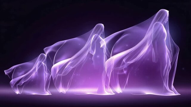Ethereal translucent figures in flowing purple fabric appear to ascend. ..Created with Generative AI, not depicting real subjects.