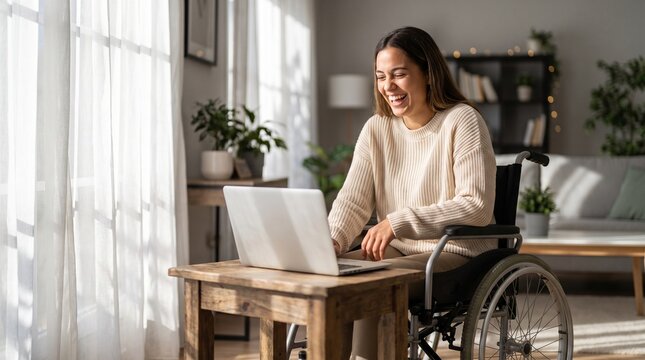 Joyful young woman in wheelchair using a laptop and laughing in a bright living room.