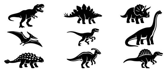 Collection of black dinosaur silhouettes on transparent background © rezkiahmad