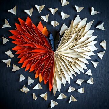 Origami Heart Paper Art Flat Lay with Red and White Folds