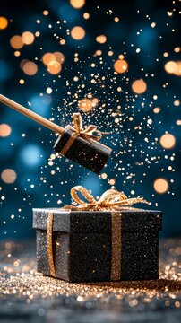 Elegant Holiday Gift Boxes with Golden Glitter and Bokeh Sparkles