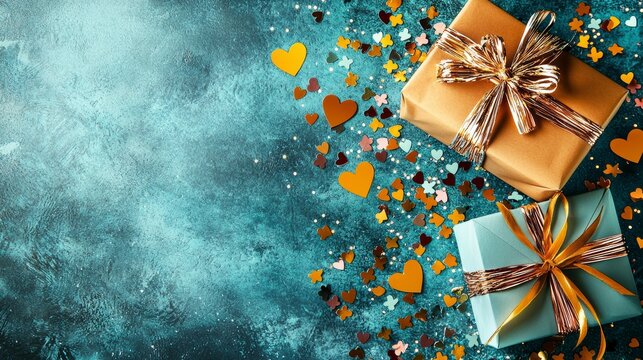 Festive Gifts and Golden Confetti on Textured Blue Background for Celebrations