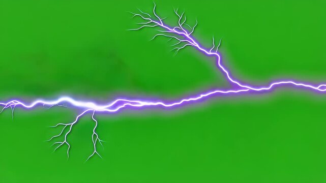 Lightning strike  animation on green screen background for weather effects, Purple lightning bolts striking rapidly across a vivid green screen background in this dynamic digital motion video 
