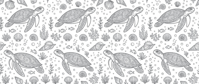 Hand-drawn sea turtles and underwater elements pattern
