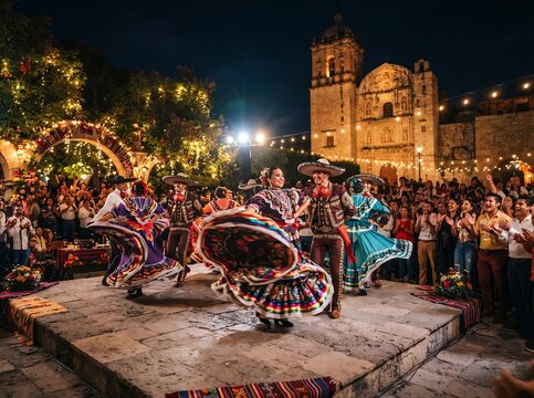Traditional Mexican Folkloric Dancers Perform at Night Festival in Oaxaca.