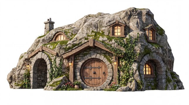 Enchanted Rustic Stone Cottage Built Into A Rocky Hillside With Lush Green Ivy And Warm Glowing Windows Isolated On White