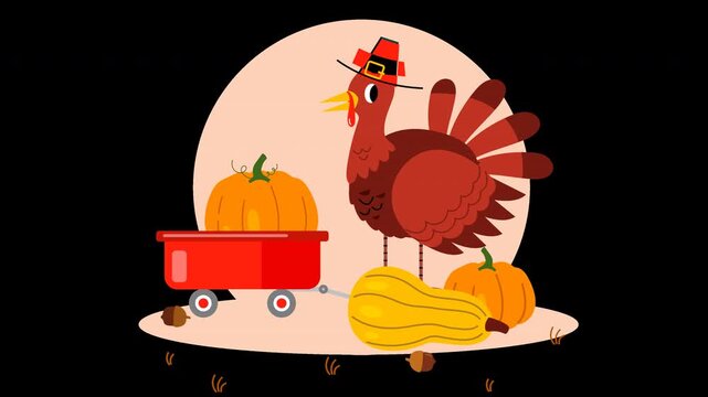 Animated Thanksgiving Turkey with Pumpkins and Wagon 4K