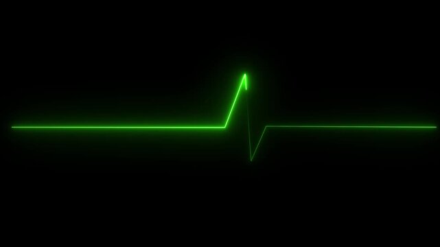Green neon heartbeat ekg monitor line pulsing on black background, medical heart rate rhythm animation