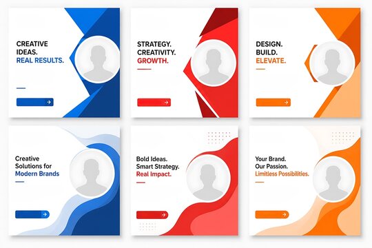 Modern social media post templates, set of 6 corporate square banners with geometric and wave designs, professional digital marketing layouts for business branding