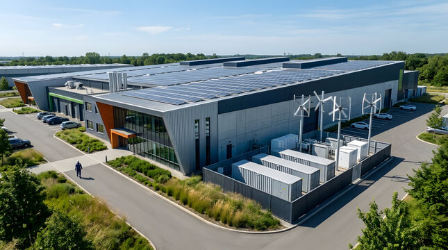Modern industrial warehouse building with solar panels on roof and small wind turbines outside