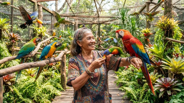Woman feeding colorful parrots in a lush aviary surrounded by tropical plants.