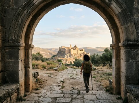 Woman walking through ancient stone archway towards historic village in distance.
