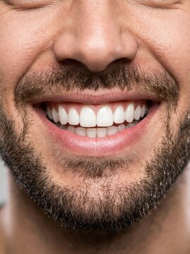 Close-up of a Man Smiling with Perfect White Teeth and Groomed Beard for Dental Care Concept