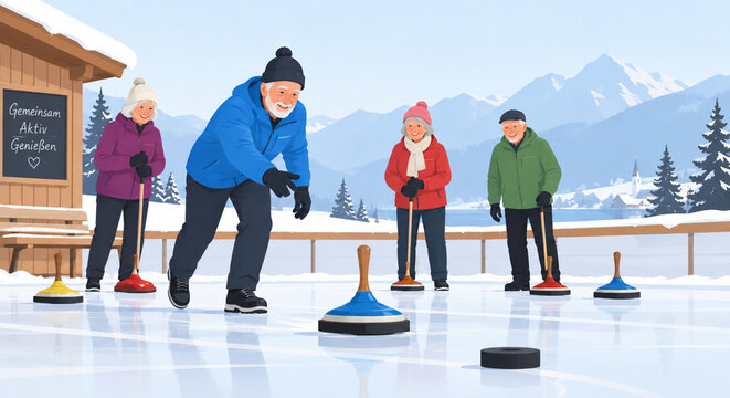 Senioren beim Eisstockschie&szlig;en Im Winter &ndash; Minimalistische Illustration