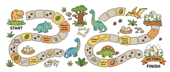 Dinosaur game board with cartoon dinosaurs and path © clara