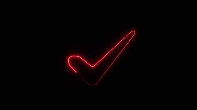 Neon red checkmark symbol glowing on black background, minimalist success and approval motion tick