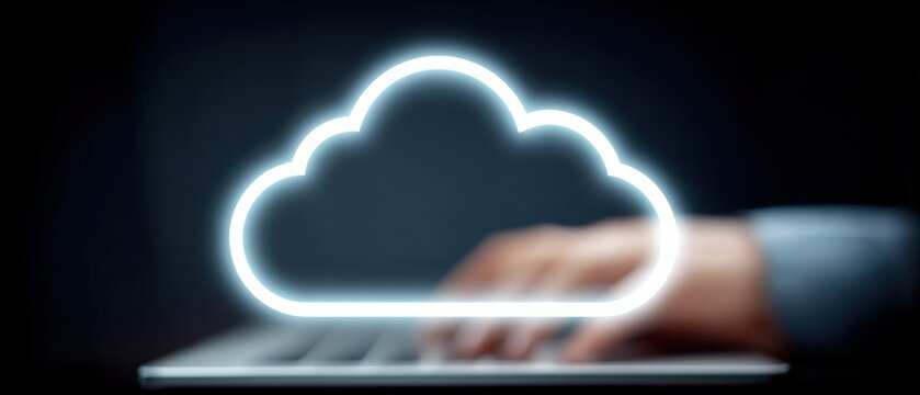 Conceptual image of cloud computing with hands typing on a laptop representing digital data storage and technology innovations