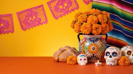 Fototapeta premium Sugar skulls and marigolds arranged with pan de muerto during a vibrant Dia de los Muertos celebration