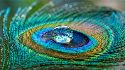 Fototapeta premium Iridescent peacock feather with water drop, macro detail of vibrant bird plumage, elegant emerald and blue nature background