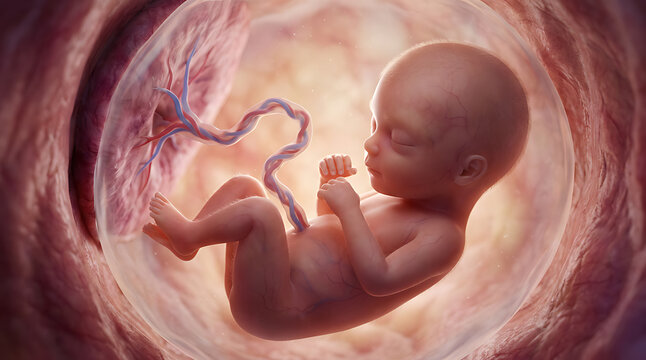 Human fetus developing inside the womb with visible umbilical cord and placenta