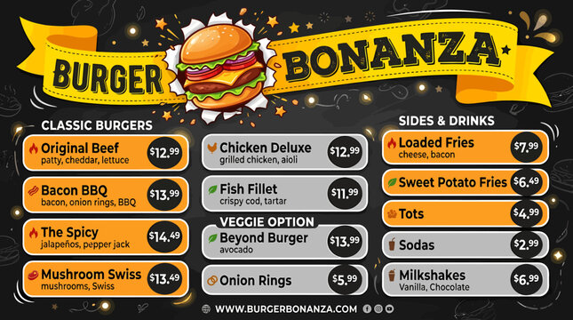Burger bonanza restaurant menu with classic burgers, sides, drinks on dark background.