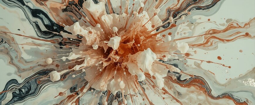 Dynamic splash burst abstract artwork in beige black and orange marbled paint texture
