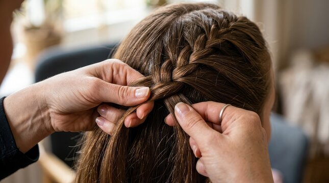 Close-up of hands braiding long brown hair in a French braid style, professional hairstyling concept