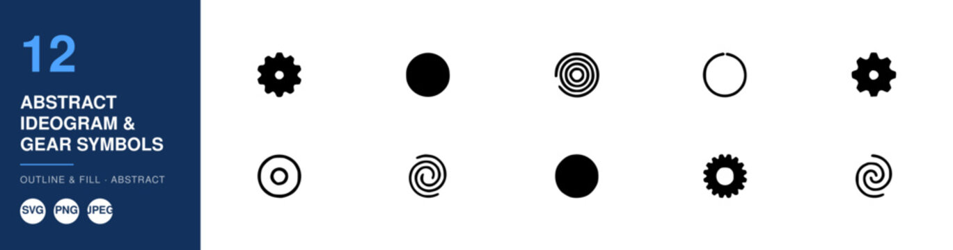 Abstract Ideogram Gear Symbols Set, Minimalist Design Elements. Outline and Fill Icons