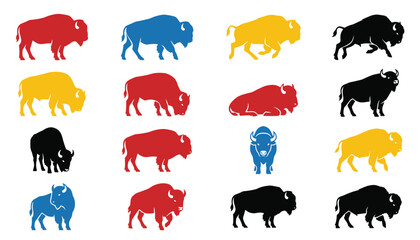 Bison Buffalo Poses and Actions Silhouettes Set Vector Illustration © MSTNURJAHAN