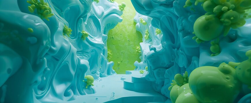 Futuristic cyan glossy canyon interior with vibrant green organic slime accents