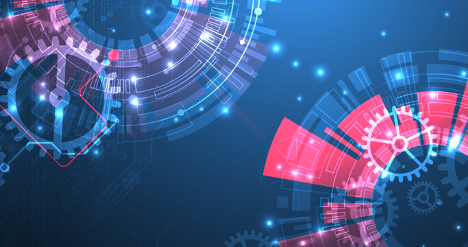 Abstract scientific background with mechanical gears cogs and glowing geometric circles