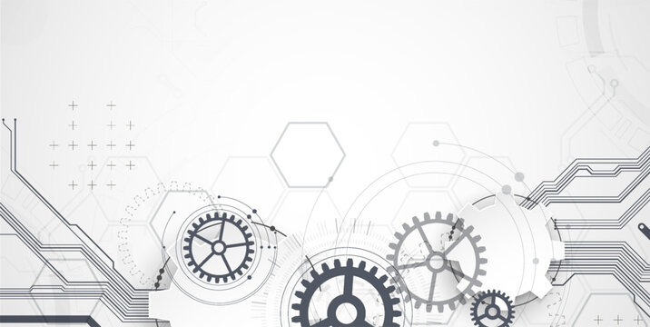 Technology background with grey gears, circuit board lines, geometric circles. Vector