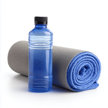 Blue Water Bottle Rolled Yoga Mat Isolated on White Background
