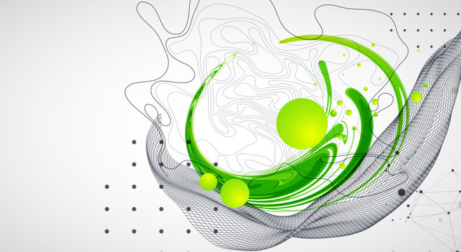 Abstract background with fluid green shapes, wireframe 3D grid wave, topographic lines and plexus network