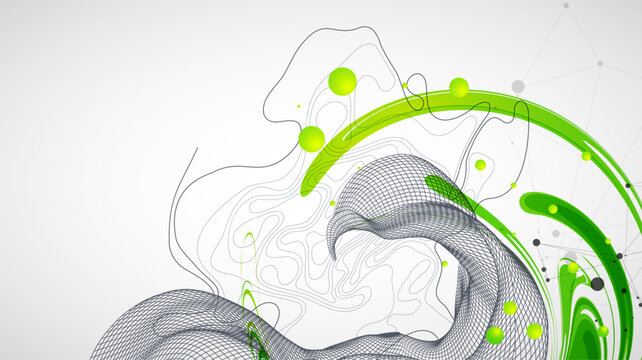 Abstract background with fluid green shapes, wireframe 3D grid wave, topographic lines and plexus network
