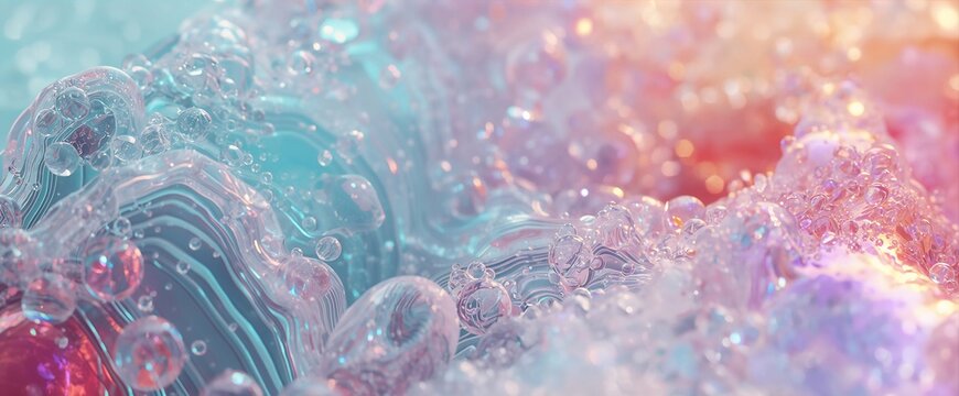 Macro glass texture with tiny bubbles and pastel iridescent light refraction waves