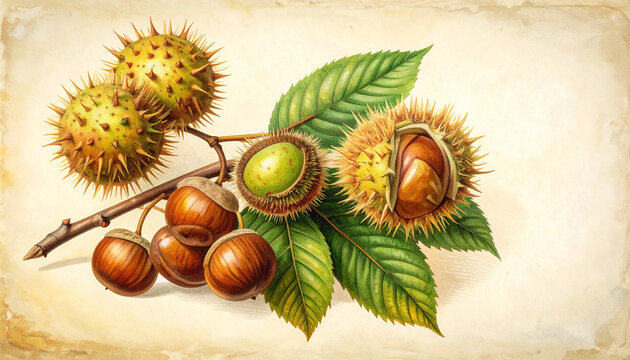 Sweet chestnut branch with spiny husks and glossy nuts in vintage chromolithograph plate generative AI