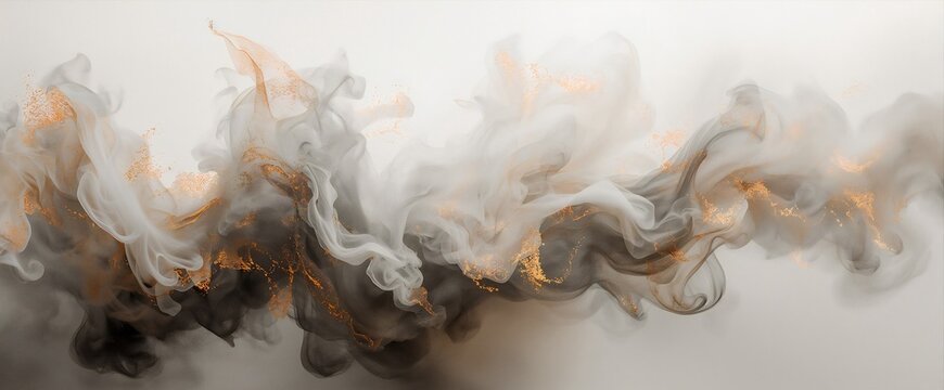 Dynamic grey smoke swirl with glittering gold ink splashes on bright neutral backdrop