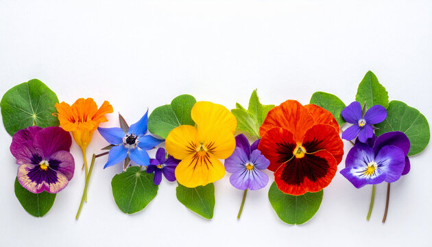 Borage nasturtium and violet edible flowers arranged in row on culinary botanical chart generative AI