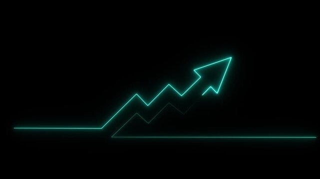 Neon financial growth arrow graph animation, rising business success chart on black background glowing