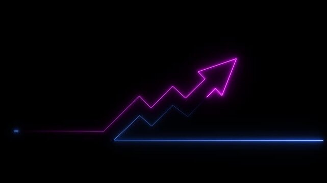 Neon financial growth chart animation: rising arrow graph for business success and digital marketing analytics