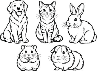 Fototapeta premium Collection of domestic animals in a black and white vector illustration