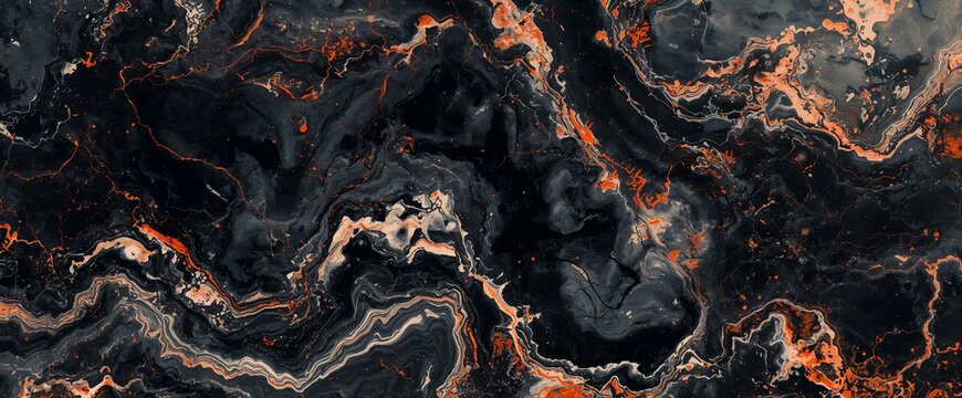 Macro shot of black marble texture with vibrant orange ink swirls and gold veins pattern