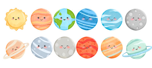 Cute Planet Bundle Watercolor Illustration Collection with Colorful Solar System Planets and Saturn © Putra